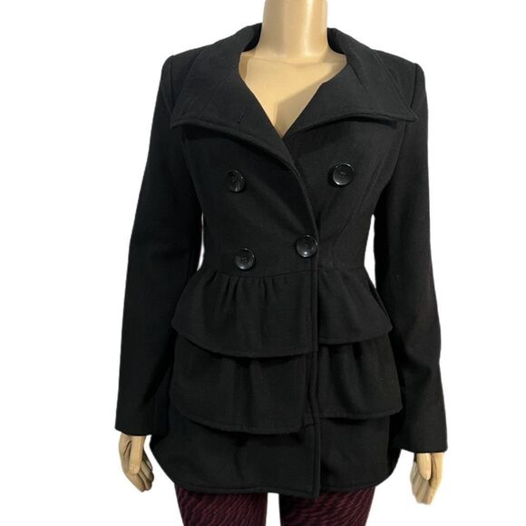2B by Bebe Long Sleeve Tiered Coat Peacoat with Ruffles Black Small NWT - Picture 2 of 10